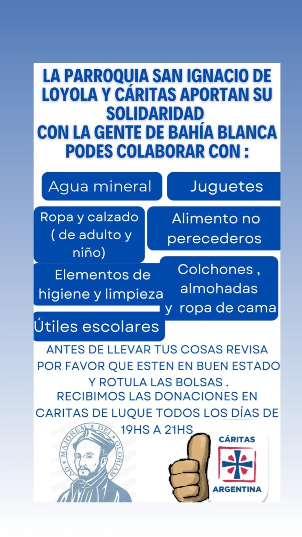 Cáritas Luque recibirá donaciones para Bahía&nbsp;Blanca